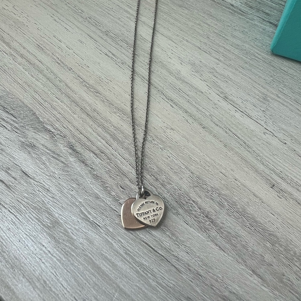 Return To Tiffany Double Heart Tag Pendant Necklace Silver and Rose Gold